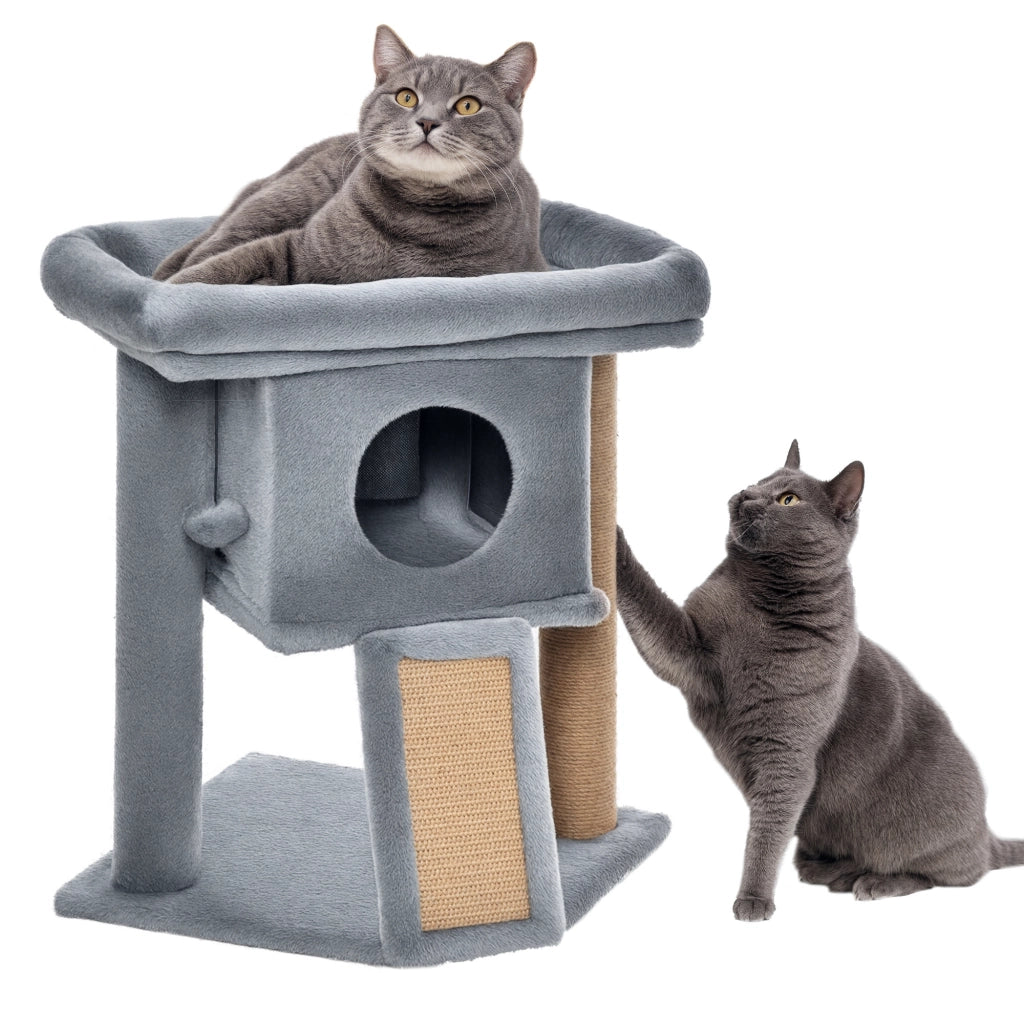 Albero Tiragraffi con Lettino e Casetta in Peluche 40x40x57 cm Tiragraffi in Juta Grigio