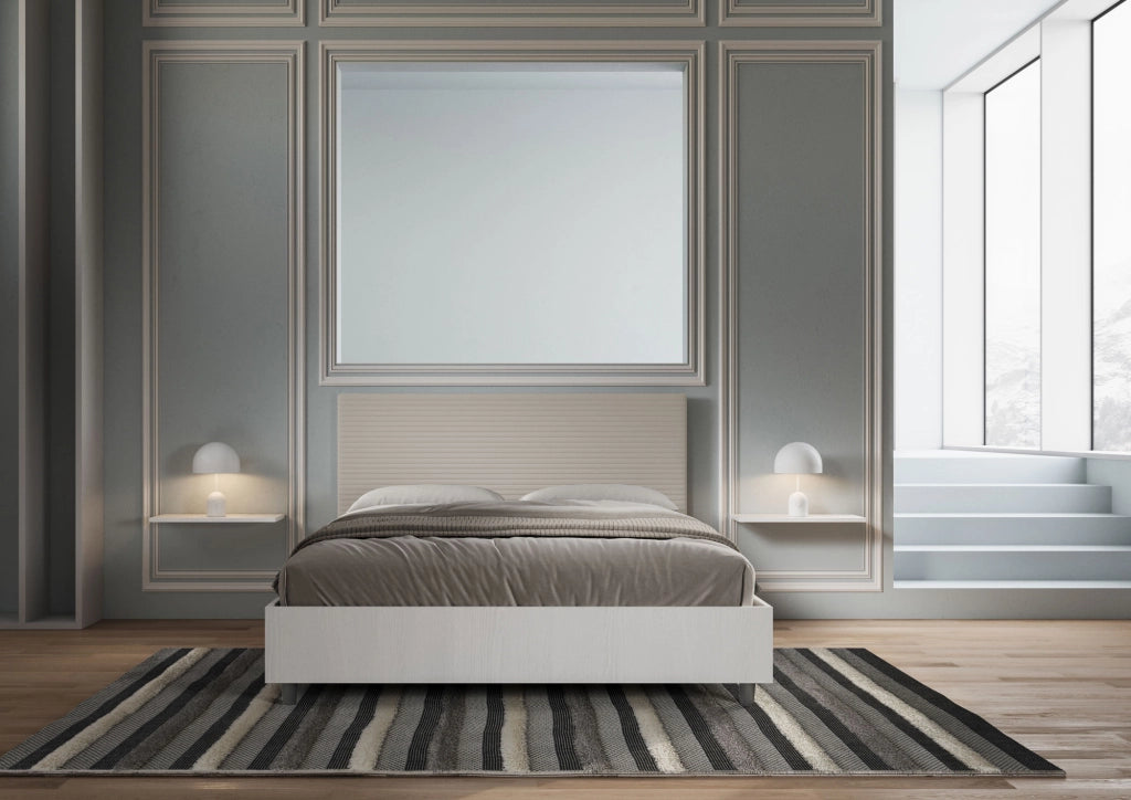 BS COM Letto matrimoniale con rete 160x200 bianco frassino testata similpelle tortora