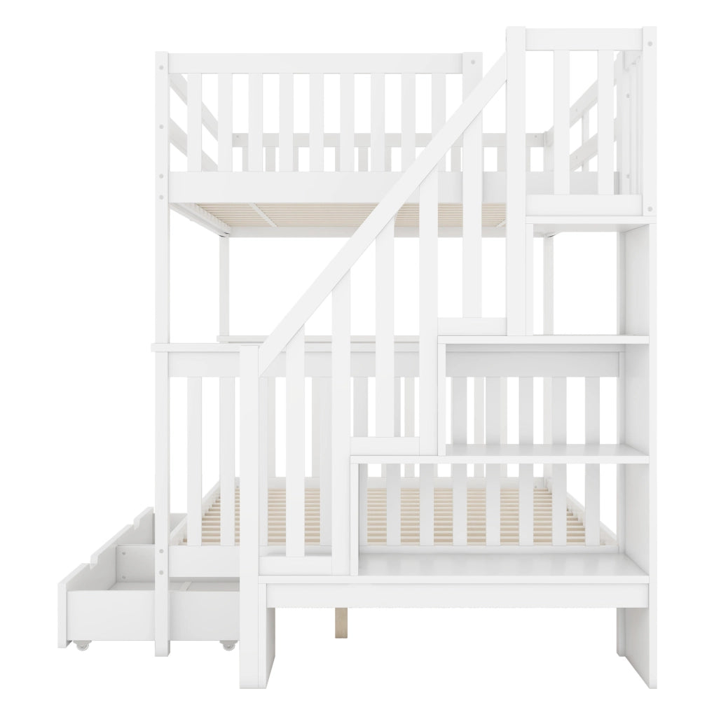 Letto a castello 140x200 cm con scala contenitore; 2 cassetti; in pino e MDF; bianco