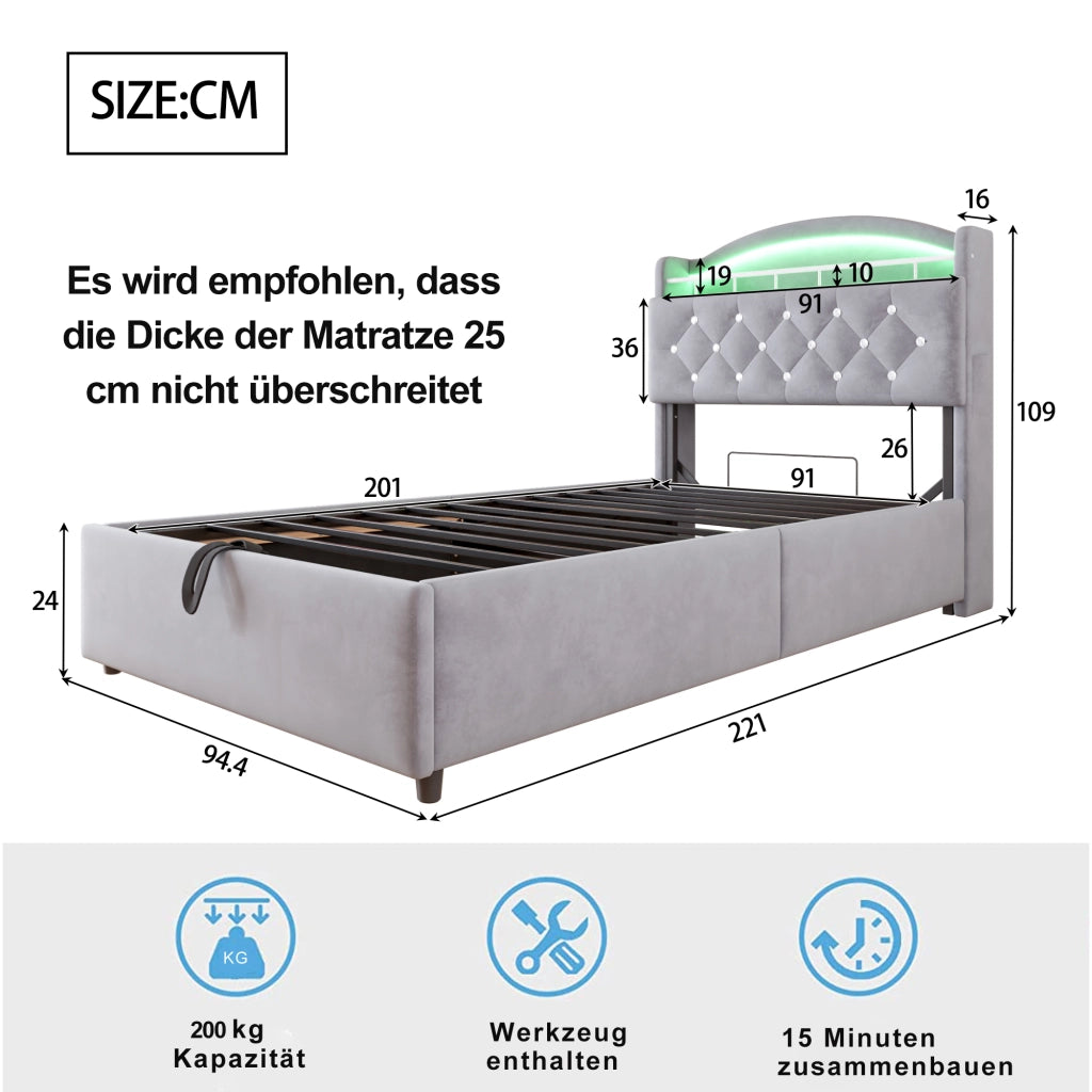 LETTO imbottito 90x200 cm in velluto grigio con contenitore, LED, USB e Type-C