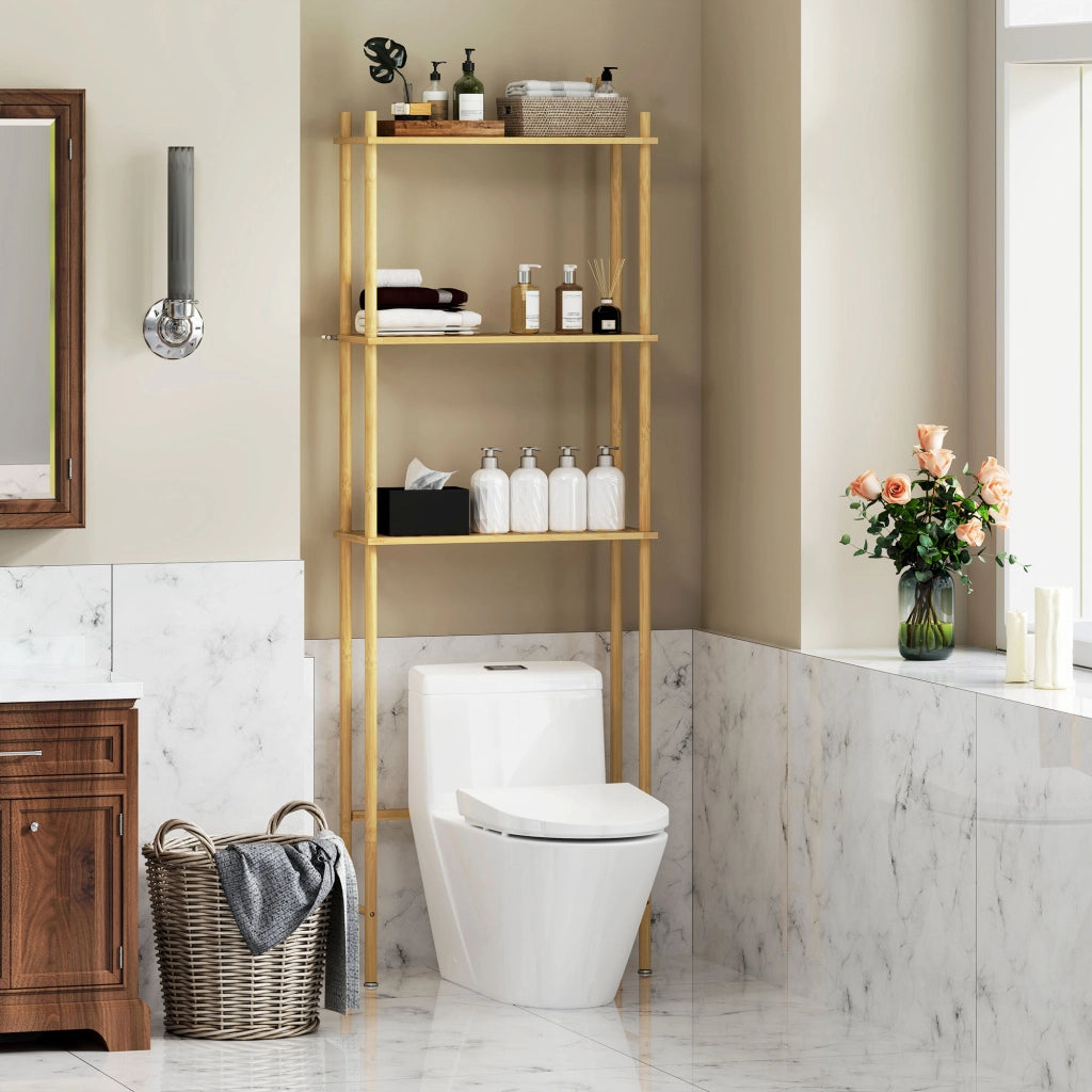 Mobile Salvaspazio Sopra WC 3 Ripiani a Doghe in Bamb¨´ ¨C Minimal ¨C Legno 63.5x25.5x181 cm