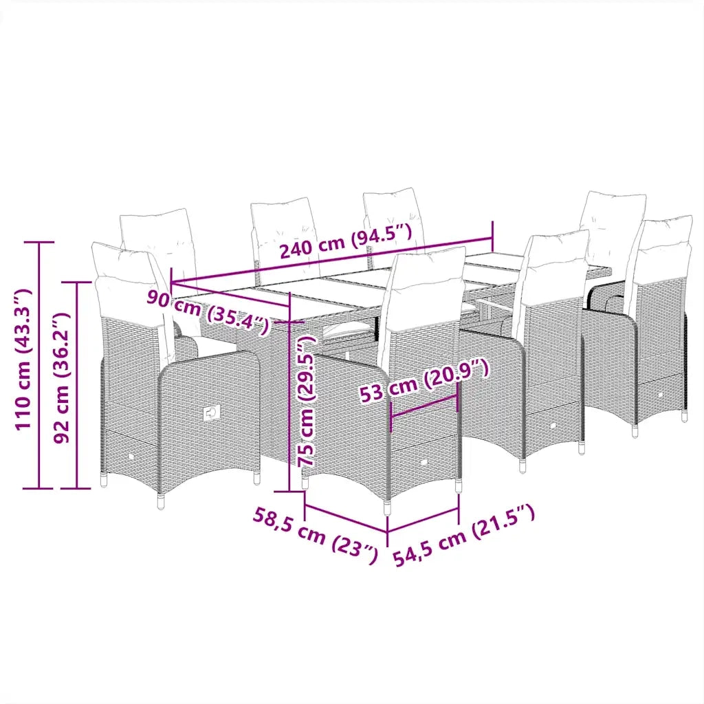 Set da Bistrò da Giardino 9 pz con Cuscini Beige in Polyrattan