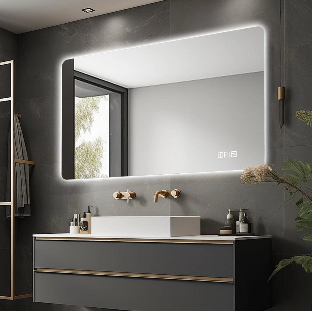 Specchio LED da bagno 111x71x7 cm con antiappannamento; dimmer e memoria; argento