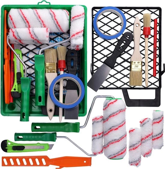 Set di bordi 2 x set di fogli + 2 x bordo scocciatore + nastro da bordo + contenitore per vernice + film di copertura + rullo per vernice + spatola per vernice + sega per vernice + sega a mano + matita per carpentiere + spazzola per bordi