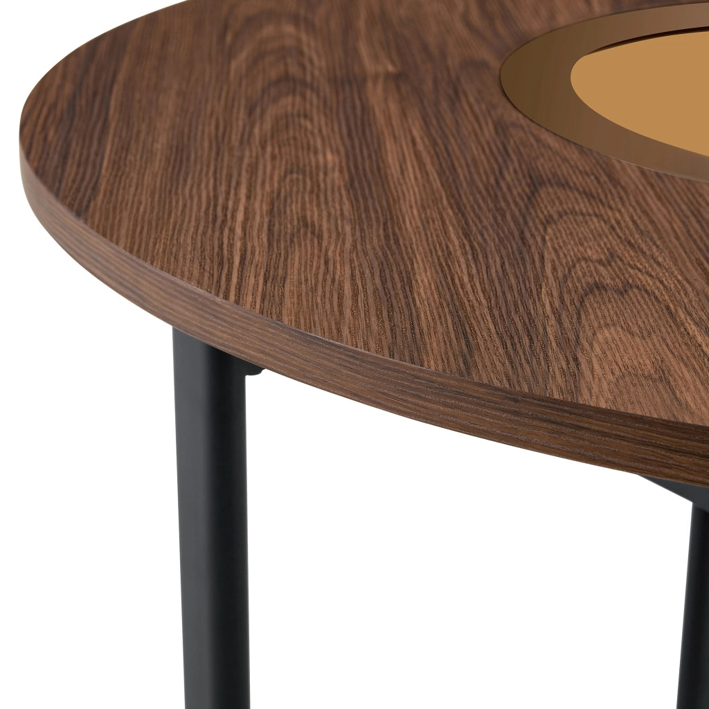 Tavolo rotondo 100 cm con piano in MDF effetto legno, inserto in vetro e struttura in metallo, 4-6 posti