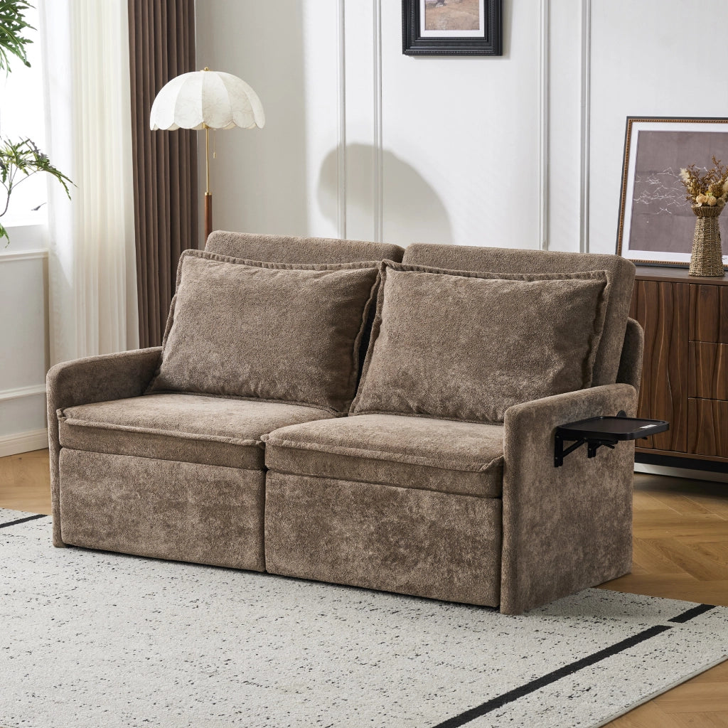 Divano letto con cuscini e USB, 3 in 1, schienale regolabile, contenitore, chenille, marrone ¨C Minimal