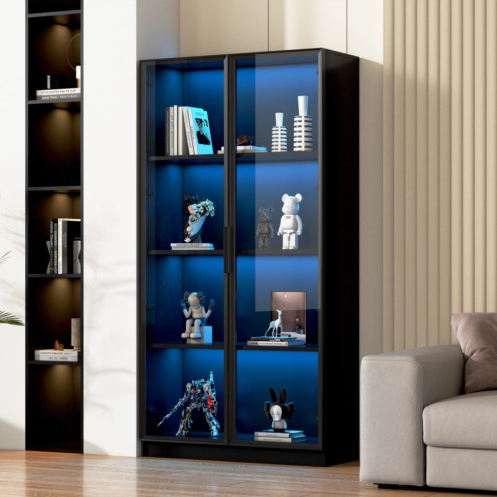 VETRINA con LED APP 80x40x160 cm Nero in Truciolare con 2 Ante in Vetro