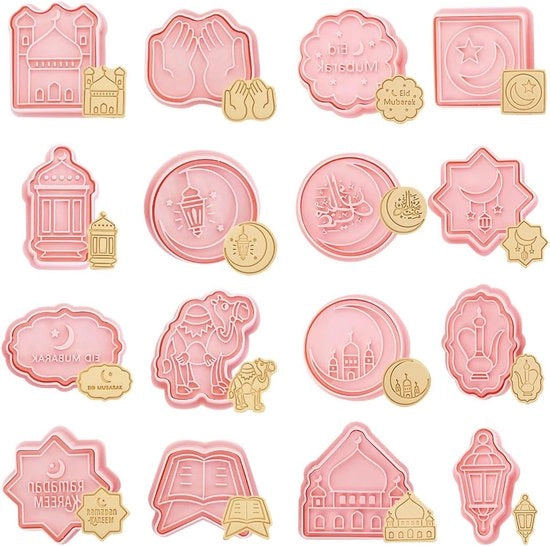 Set di forme da stampare 16 pezzi per bambini - Stampi per biscotti e rilievi - Timbro Eid Al Fitr per torta, fondant, formaggio - Forme da forno ora disponibili