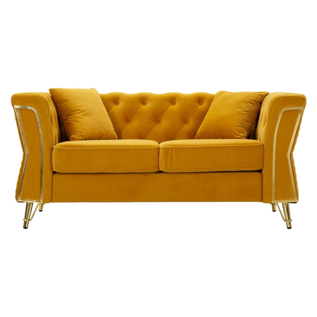 Divano Emy con cuscini in poliestere senape e gambe oro 162x83x76 cm