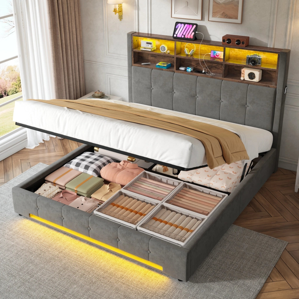 Letto matrimoniale 160x200 cm in velluto grigio scuro con testiera multifunzione, LED, USB-C e contenitore idraulico