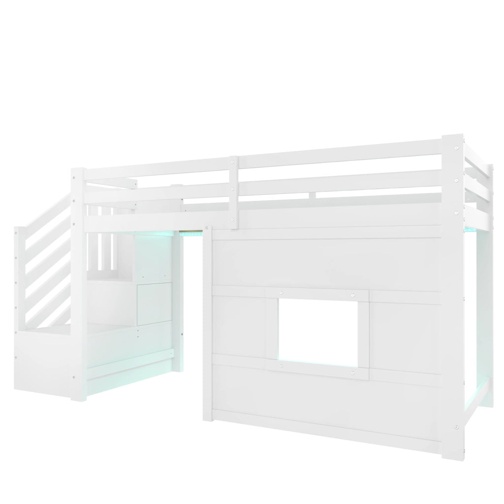 Letto a Soppalco con Scala Contenitore e Finestra ¨C MINIMAL ¨C Bianco 90x200