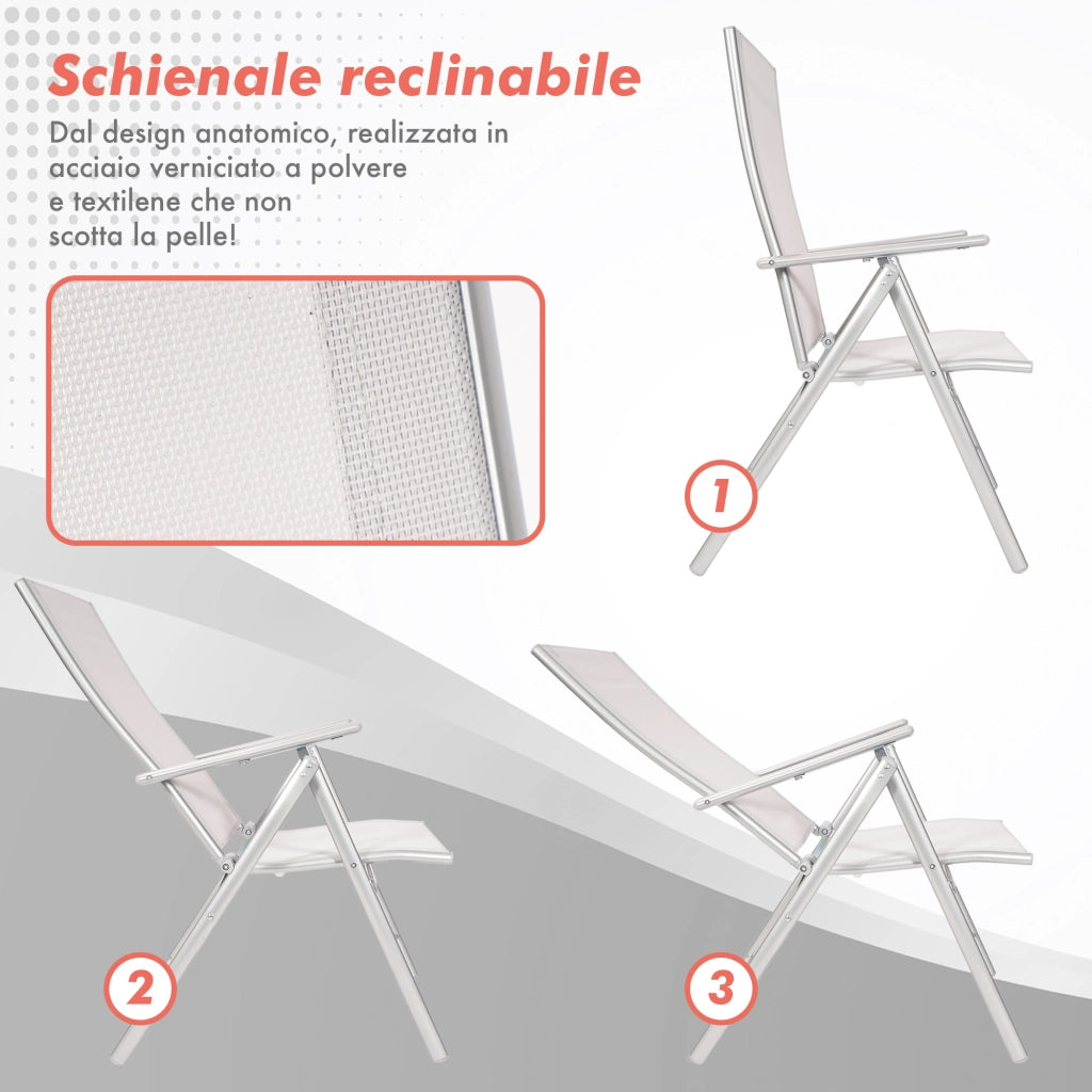 Coppia Da 2 Sedie Sdraio Pieghevoli Da Giardino Con Schienale Reclinabile In Acciaio Inox Tessuto Traspirante Resistenti All'Acqua Colore Grigio Sedia Terrazzo Poltrona Design Moderno