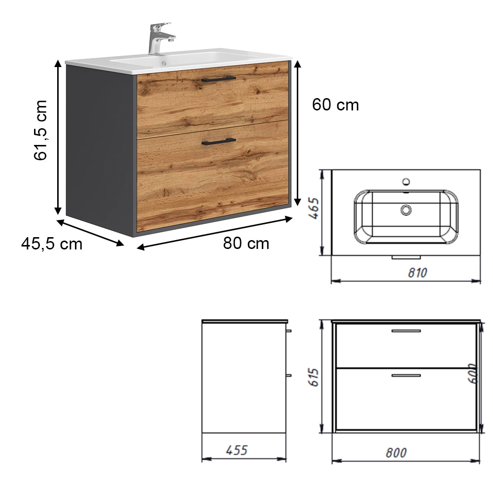 Vicco Set di mobili da bagno Antracite/quercia dorata 80 x 61.5 cm con lavabo