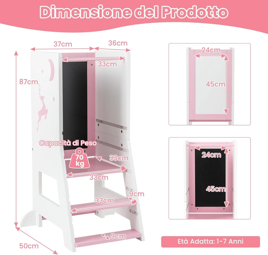 Torre per Bambini 2 in 1, Sgabello da Cucina per Bambini con Lavagna, Piattaforma e Gradino Regolabili, per Bambini da 1 a 7 Anni, Capacità di Carico 70 kg (Rosa)
