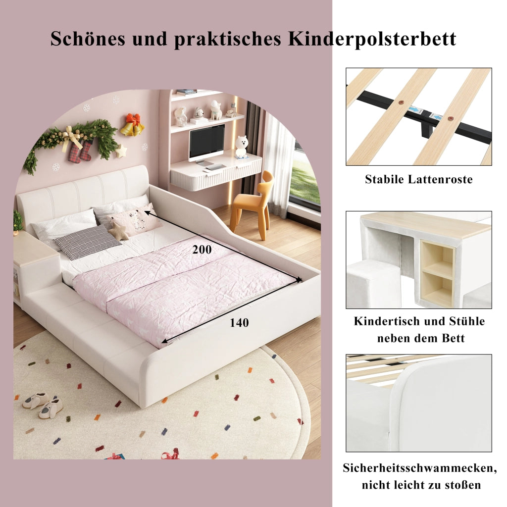 LETTO 140x200 cm in velluto bianco con scrivania, sgabello e ripiano