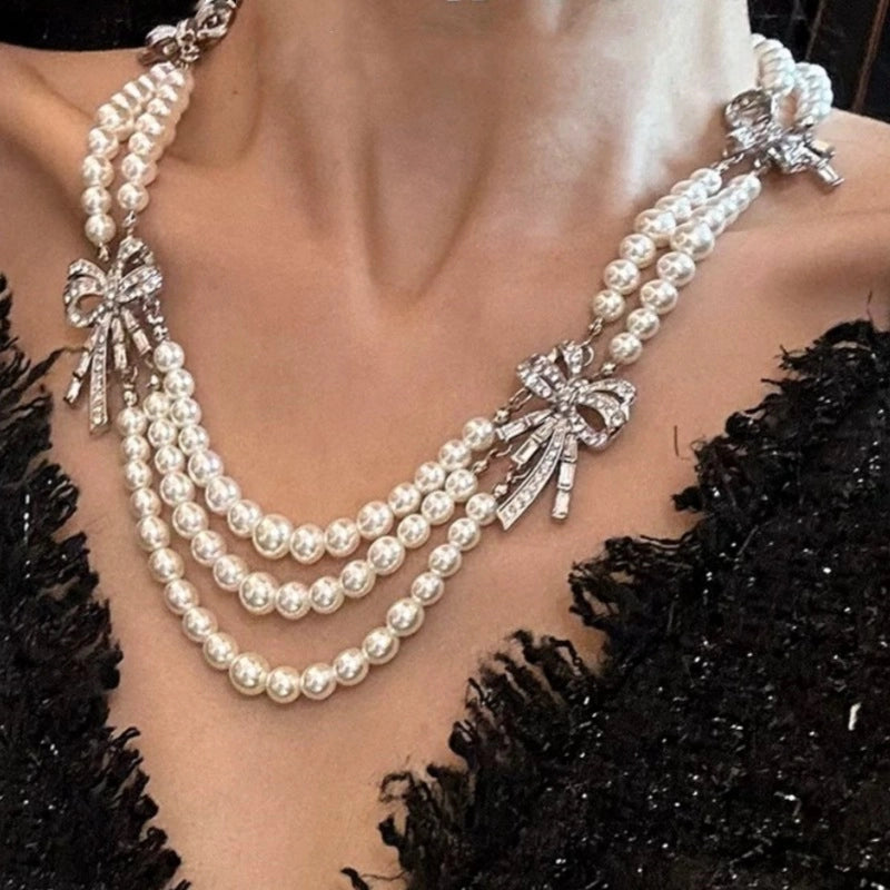 Collana vintage francese a pi¨´ strati con fiocco di perle e strass, catena per clavicola a pi¨´ strati, catena per maglione vintage