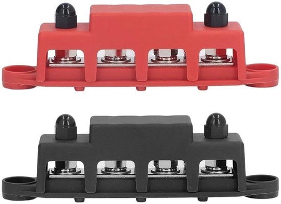 Blocco Distributore di Corrente con Binario di Raccolta - 2 Pezzi - Organizzazione dell'Impianto Elettrico - Copertura Nera - DC 48V - 250A - Viti M8 - 4 Avvolgimenti di Cavo - Adatto per Auto e Camper