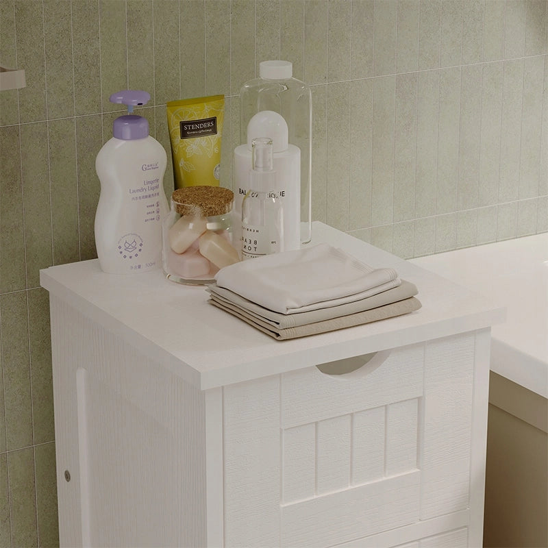 Mobile da bagno stretto, colonna a scaffali bianca con cassetti e ripiano, stile scandinavo