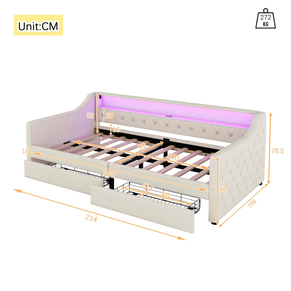 Letto singolo 90×200 cm con LED; USB e 2 cassetti; rete inclusa; senza materasso; lino; beige