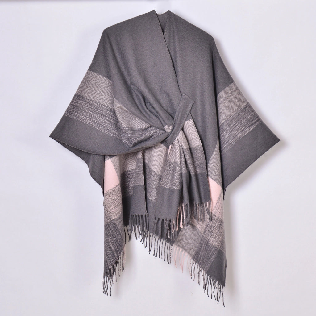Nuovi arrivi: cappotto-scialle a righe colorate con laccetti, cardigan da donna in jacquard caldo con nappine.