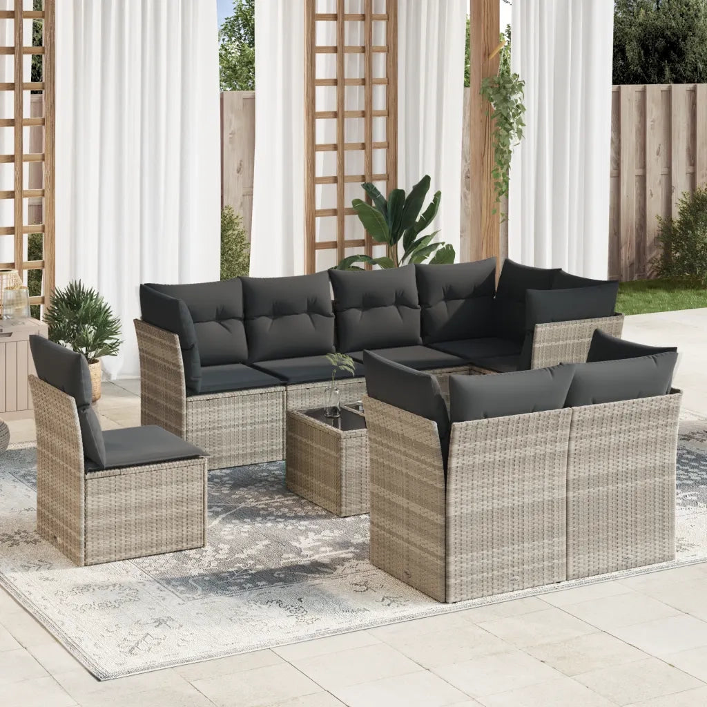 Set Divano da Giardino 9pz con Cuscini Grigio Chiaro Polyrattan