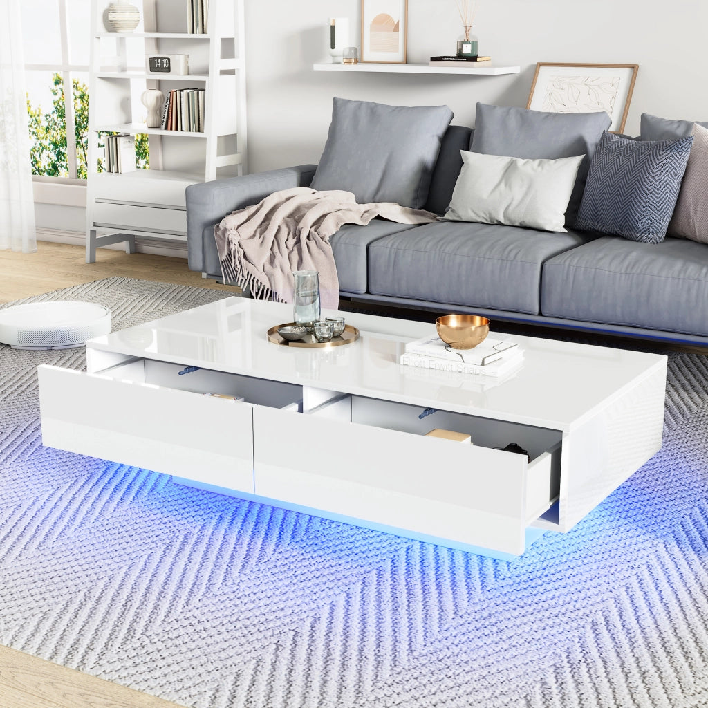 Tavolino da salotto moderno bianco lucido 115 x 55 x 34 cm con 2 cassetti, illuminazione LED e portata 30 kg