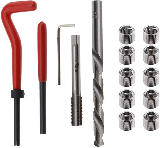 Set di riparazione di fili M9 x 1,25 mm - 15 pezzi - Acciaio con alta velocità - Strumento di installazione - Strumento di pin di rottura - Trapano a spirale - Set di riparazione di fili