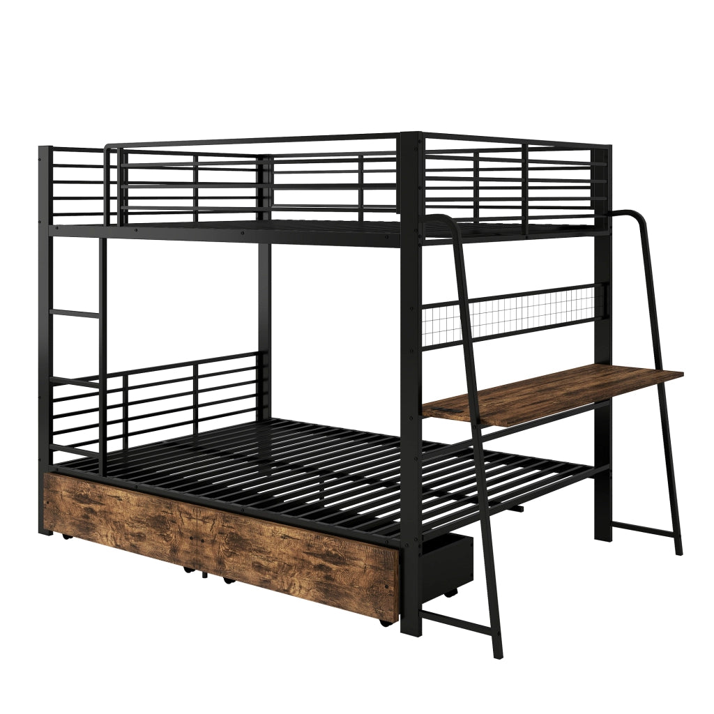 Letto a soppalco 140×200 cm con scrivania; LED regolabile; USB e Type-C; senza materasso; metallo; nero