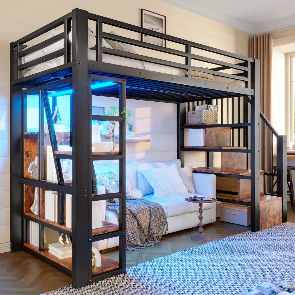 LETTO a soppalco 90x200 cm in metallo e MDF nero con scala e LED