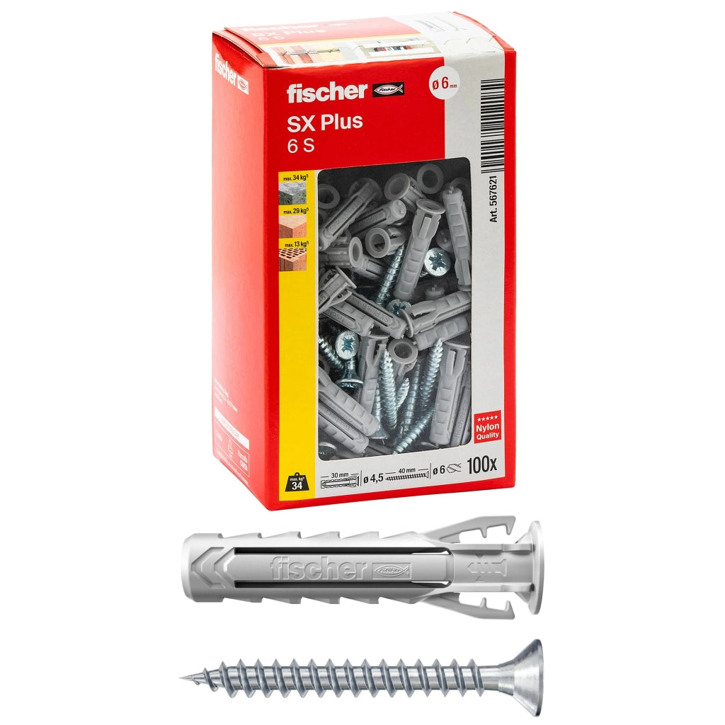 Tassello Nylon Sx Plus S Fischer Vite TSP Cava Pz Sx 6X30 S 100 Pezzi
