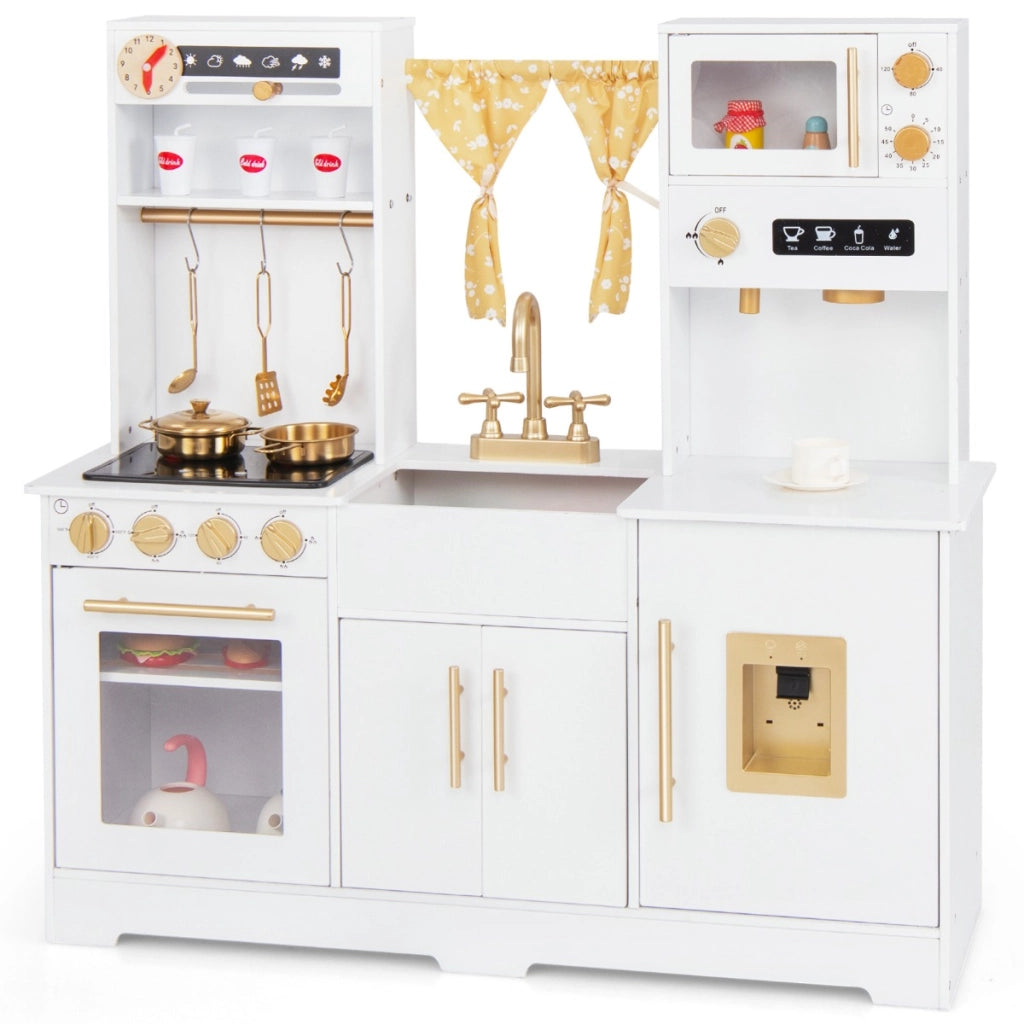 Cucina da gioco per bambini dai 3+ anni con macchina da caff¨¨ lavello rubinetto e fornelli, Set di accessori in legno Bianco