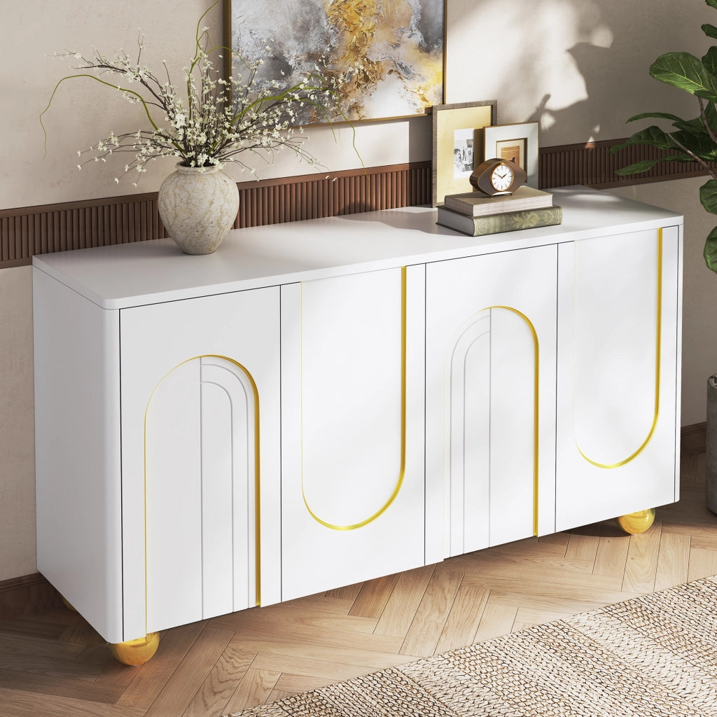 Credenza, mobile contenitore, ante con decorazioni ad arco in filo d’oro, piedini metallici sferici, bianco