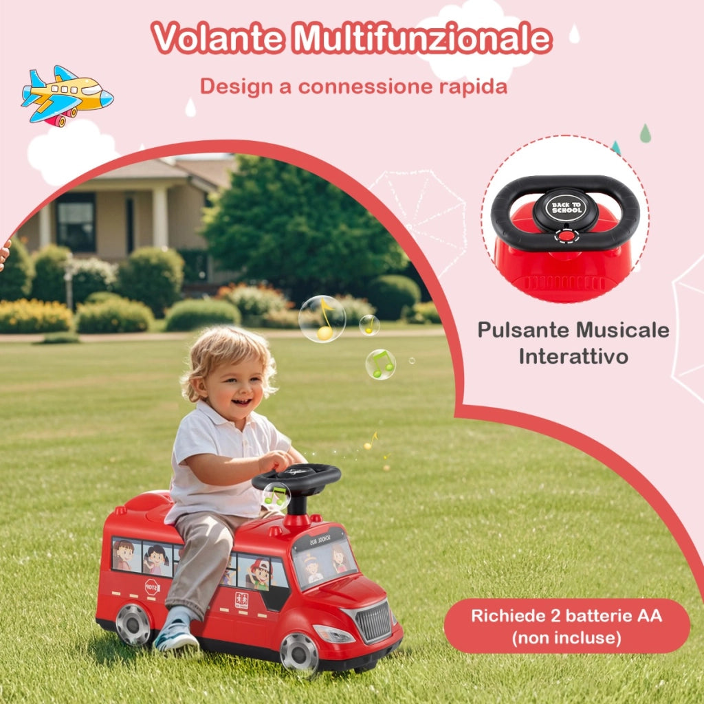 Auto a spinta per bambini con pulsante musicale comparto di stoccaggio ruote universali, Autobus da passeggio Rosso-Macchinine giocattoli