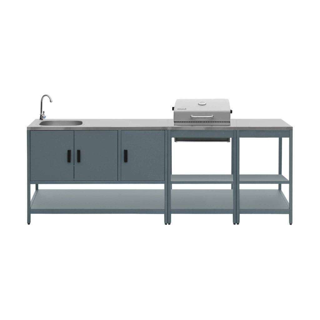 Cucina da esterno, 3 moduli e barbecue a carbone, blu grigio