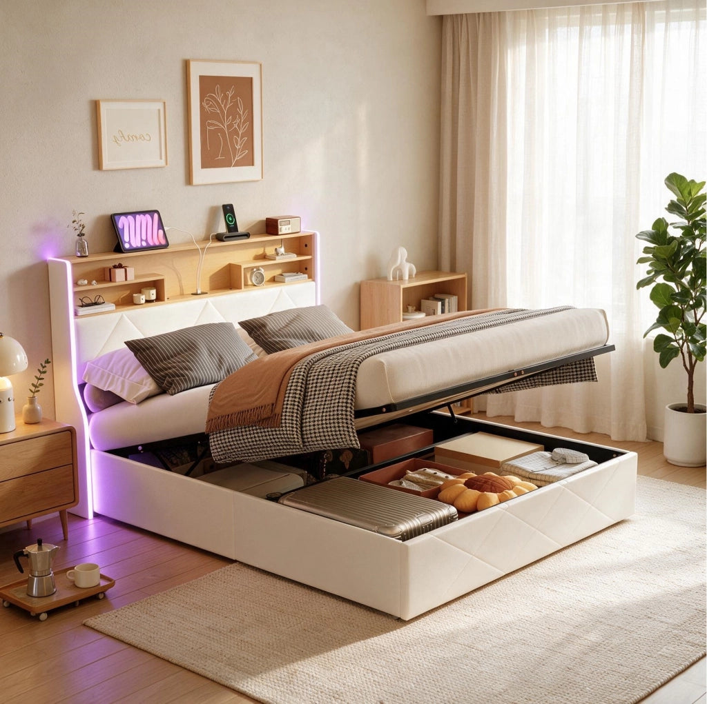 Letto matrimoniale 140x200 cm con contenitore LED USB Type-C testiera rete a doghe struttura letto metallo legno PU -bianco