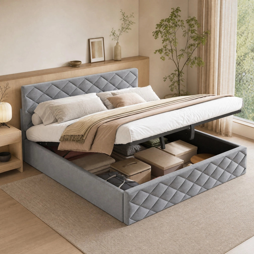 LETTO Imbottito con rete a doghe, sollevamento idraulico, 140x200 cm, velluto grigio