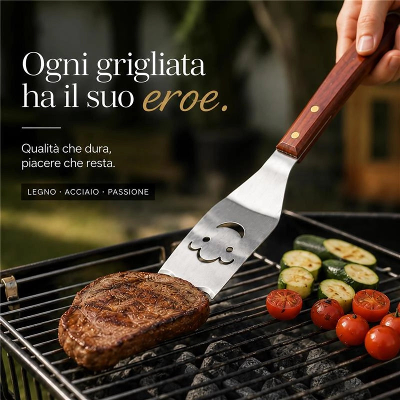 GRILL SET DA 4 UTENSILI PER BARBECUE CON MANICO IN LEGNO 52 CM