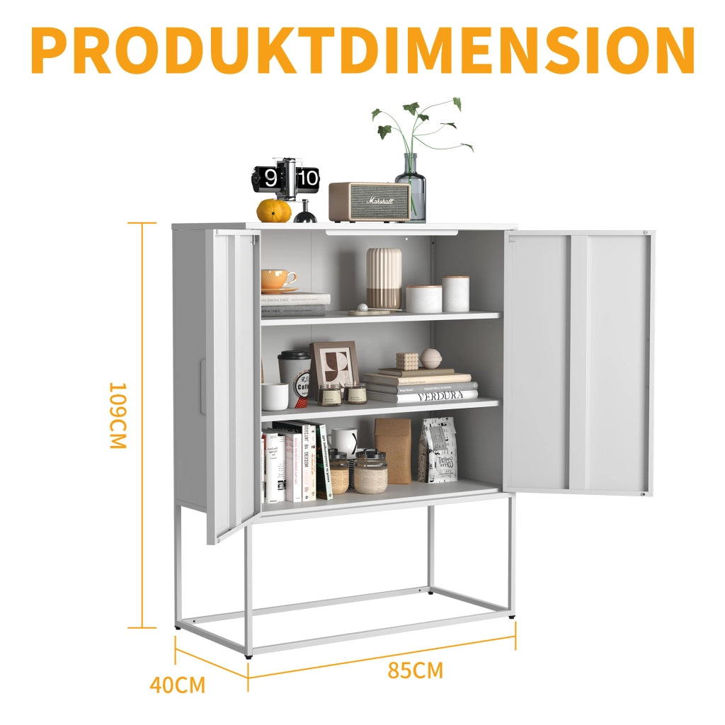 Credenza/mobile contenitore in metallo con 2 ripiani, mobile in acciaio autoportante, ante magnetiche, dispositivo antiribaltamento, adatto per soggio