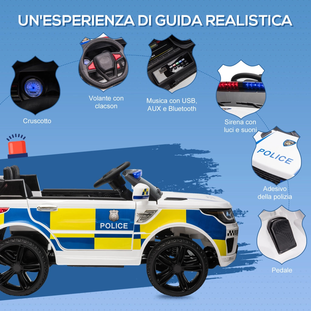 EasyComfort Macchina Elettrica per Bambini della Polizia, 12V Auto Elettrica per Bambini con Telecomando, Sirena Luci Attacco USB per Musica, 110x68x52cm, Bianco