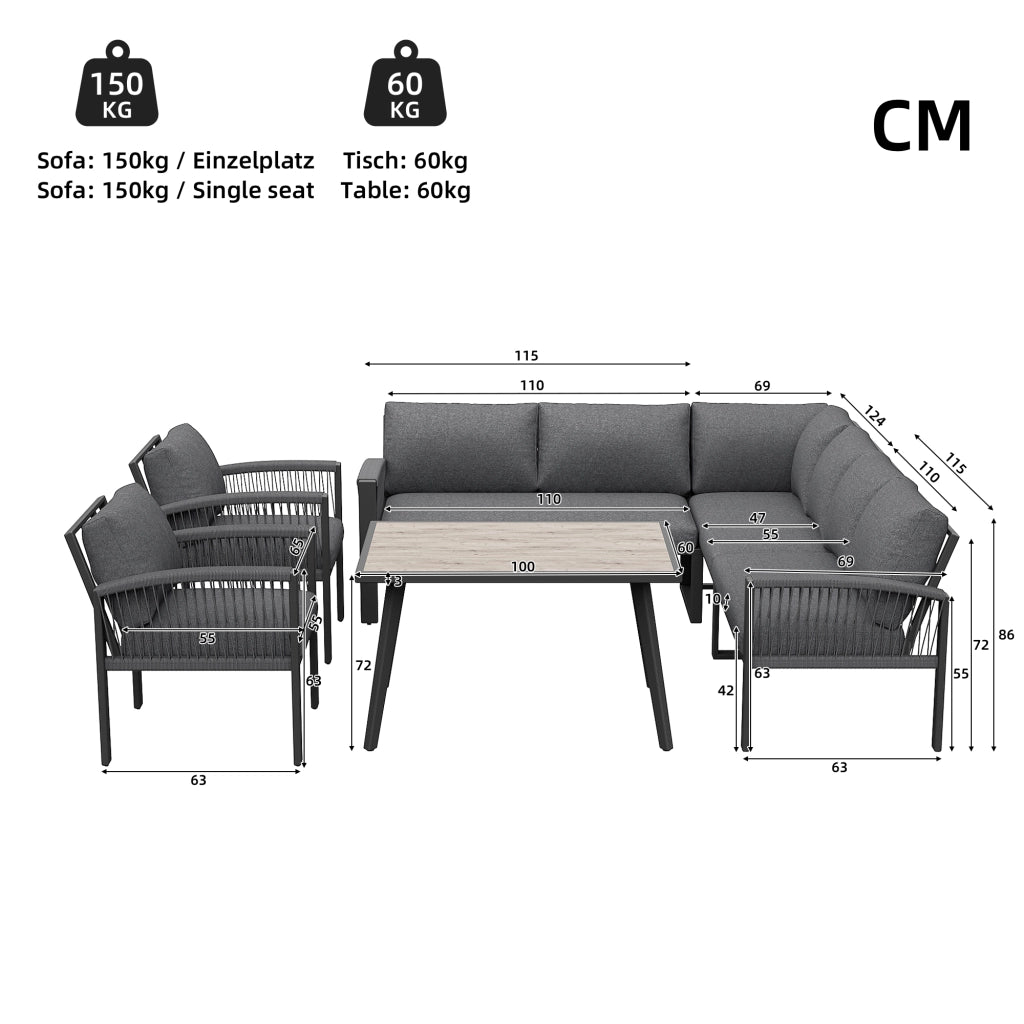 OKWISH Set da 6 Pezzi da Giardino con 1 Divano Grande, 2 Divani Piccoli, 2 Poltrone e 1 Tavolo, Metallo Legno Grigio
