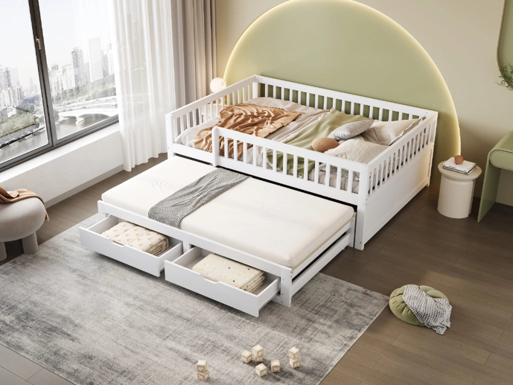 DESMIU Letto 140 × 200 cm con letto estraibile, 2 cassetti, senza materasso, in legno, bianco