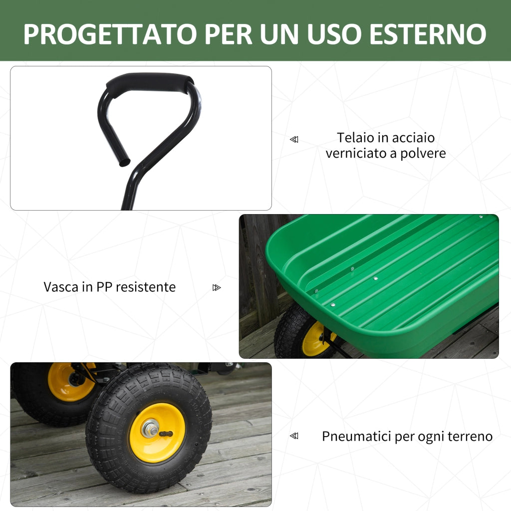Carrello Giardino 125L in Acciaio PP Verde con Vasca Ribaltabile ¨C Zephmum ¨C 118x58x102 cm