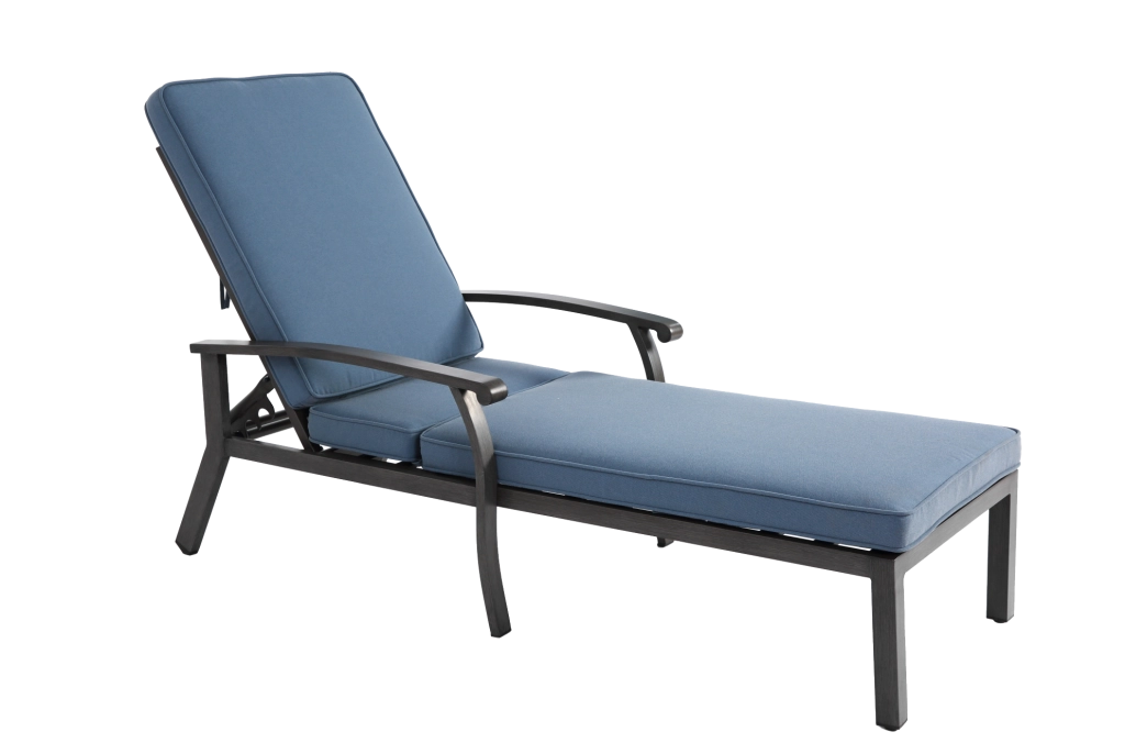 Chaise longue da esterno con cuscino; schienale regolabile a 5 posizioni; alluminio blu