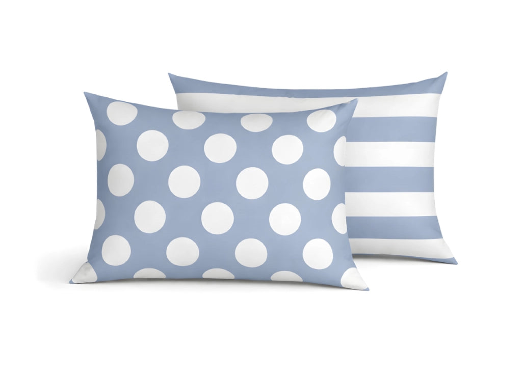 Coppia Federe Cuscino Letto Double Face 100% Cotone Disegno Pois GI - Federe - Azzurro