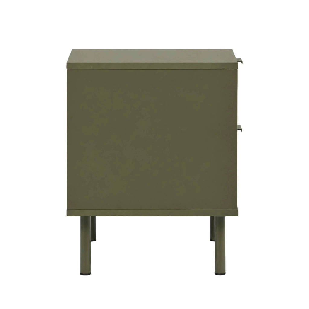 Comodino decorativo in legno e metallo 2 cassetti, verde kaki