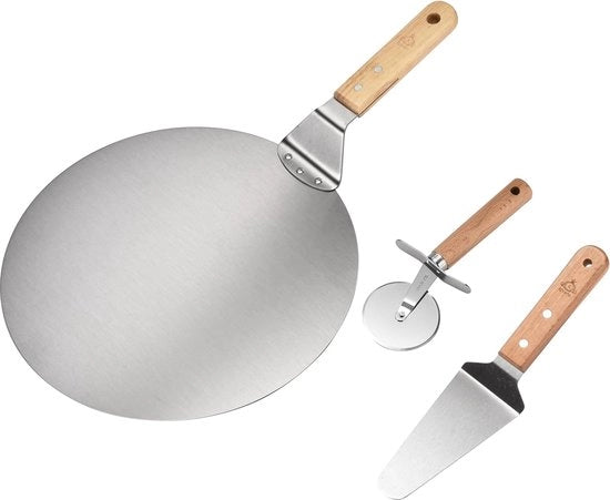 Set di servizio per pizza composto da 3 pezzi: pizzarollante, spostapizza e cucchiaiopizza, 30 cm piastra di spostapizza in acciaio inossidabile con manico di legno per la cottura di pizza fatta in casa