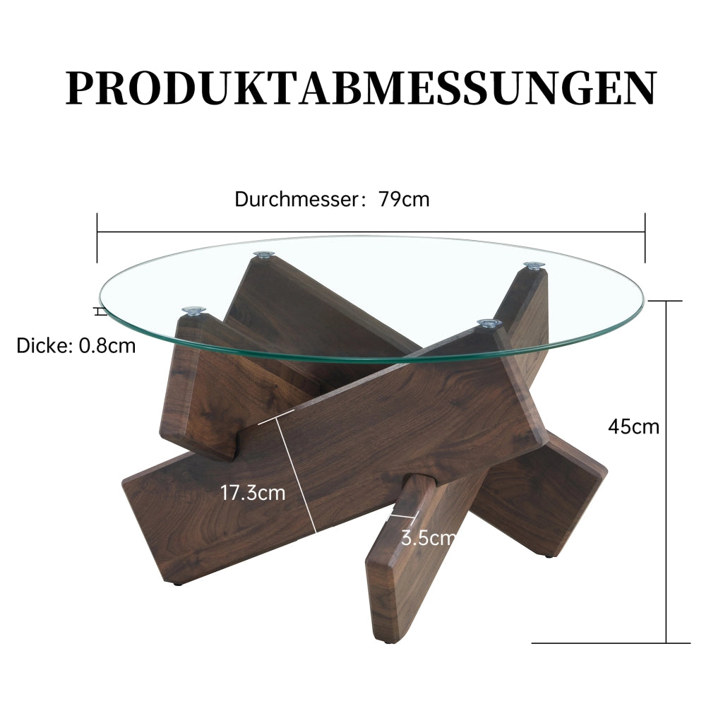 Tavolino rotondo in MDF e vetro multicolore opzionale: gambe di supporto in legno di noce scuro, semplici ed eleganti. Diametro 79 cm, piano in vetro