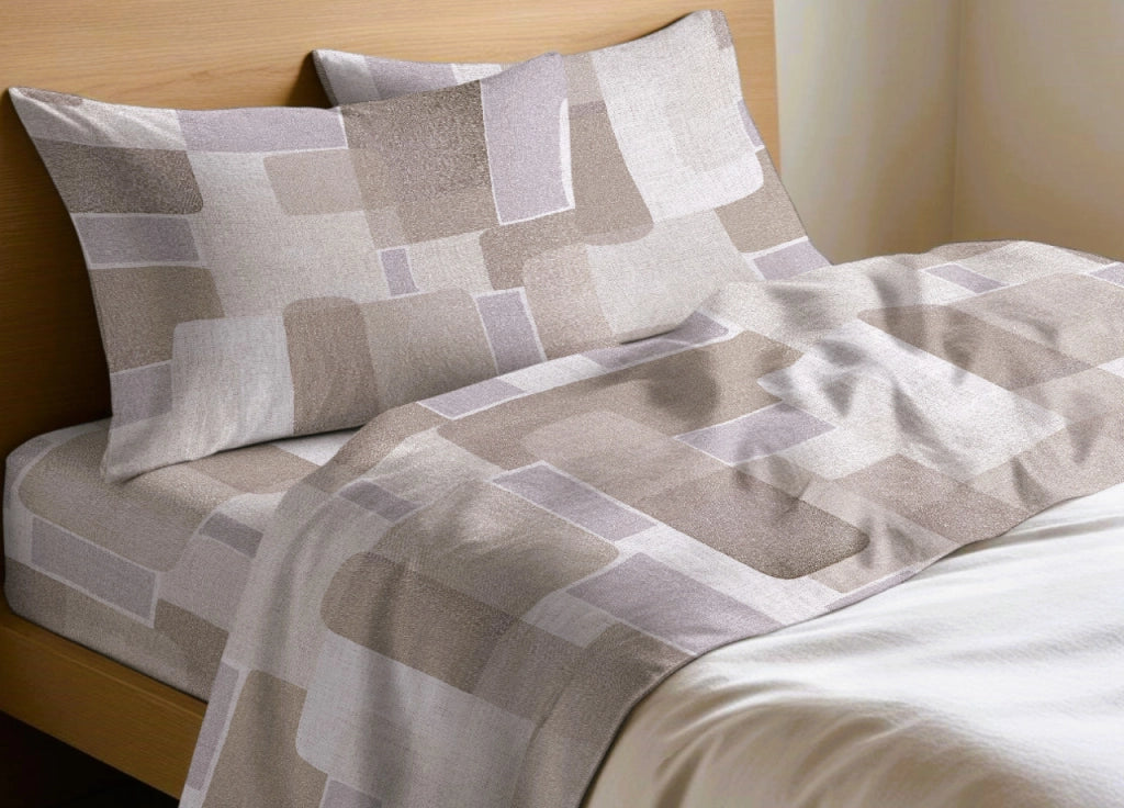 Completo Lenzuola Letto In 100% Cotone Made Italy Disegno Brick - Francese - Beige