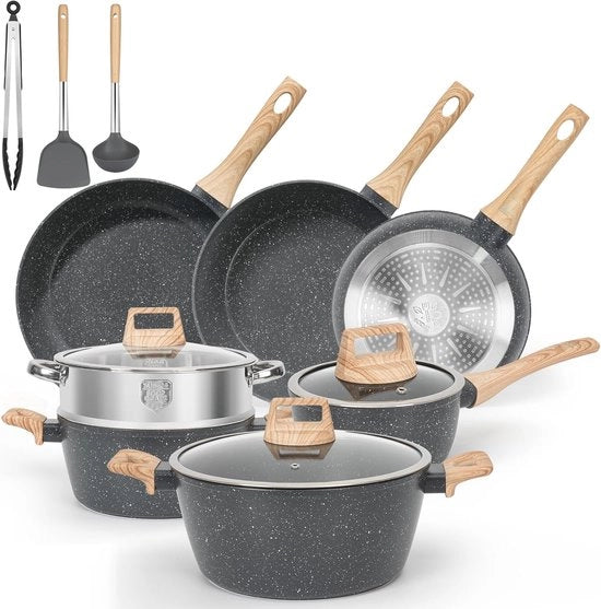 Set di Pentole e Padelle 13 pezzi - Cottura senza Smalto per Cucina Induzione Pietra (Nero)