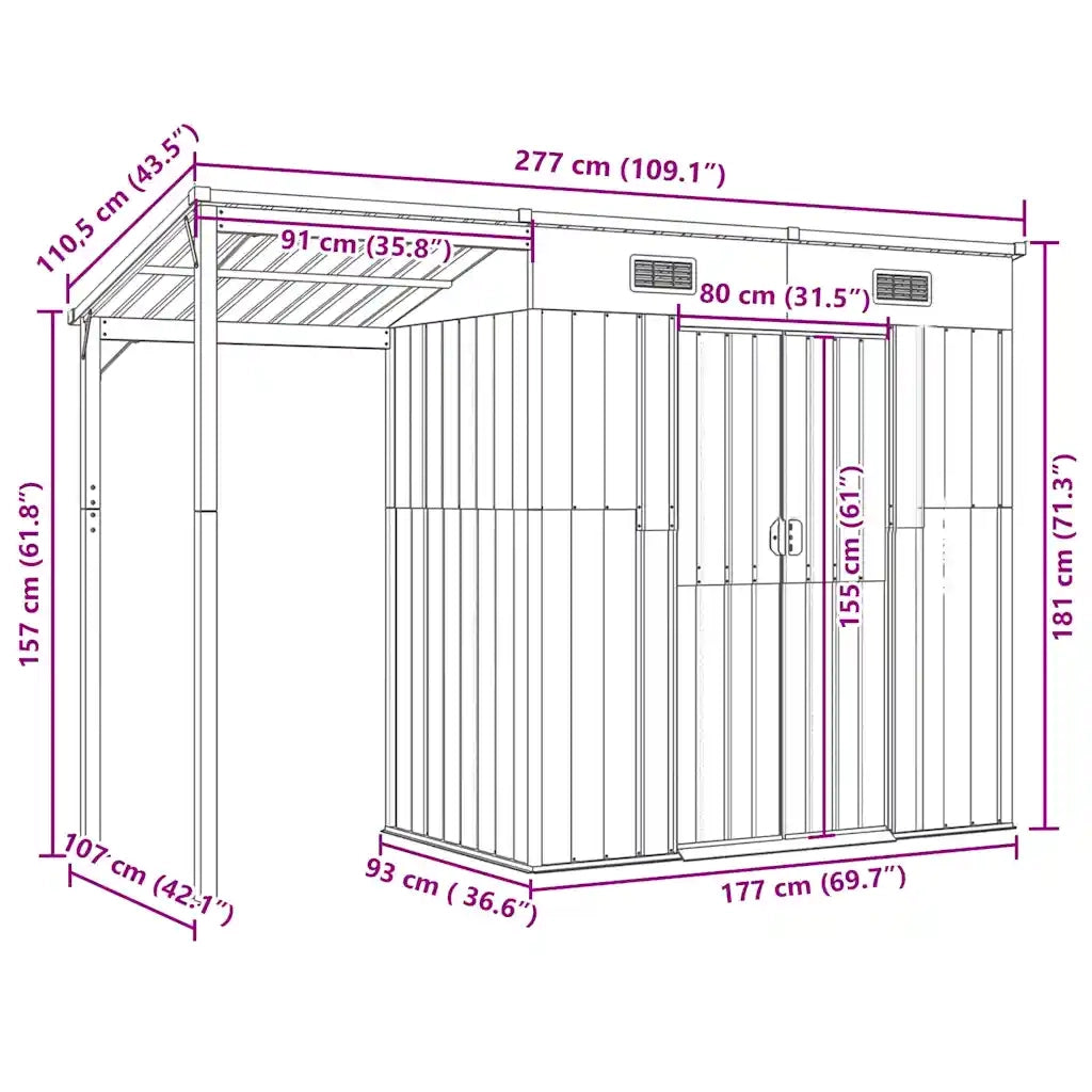 Capanno Giardino con Tetto Esteso Verde 277x107x181cm Acciaio 364524